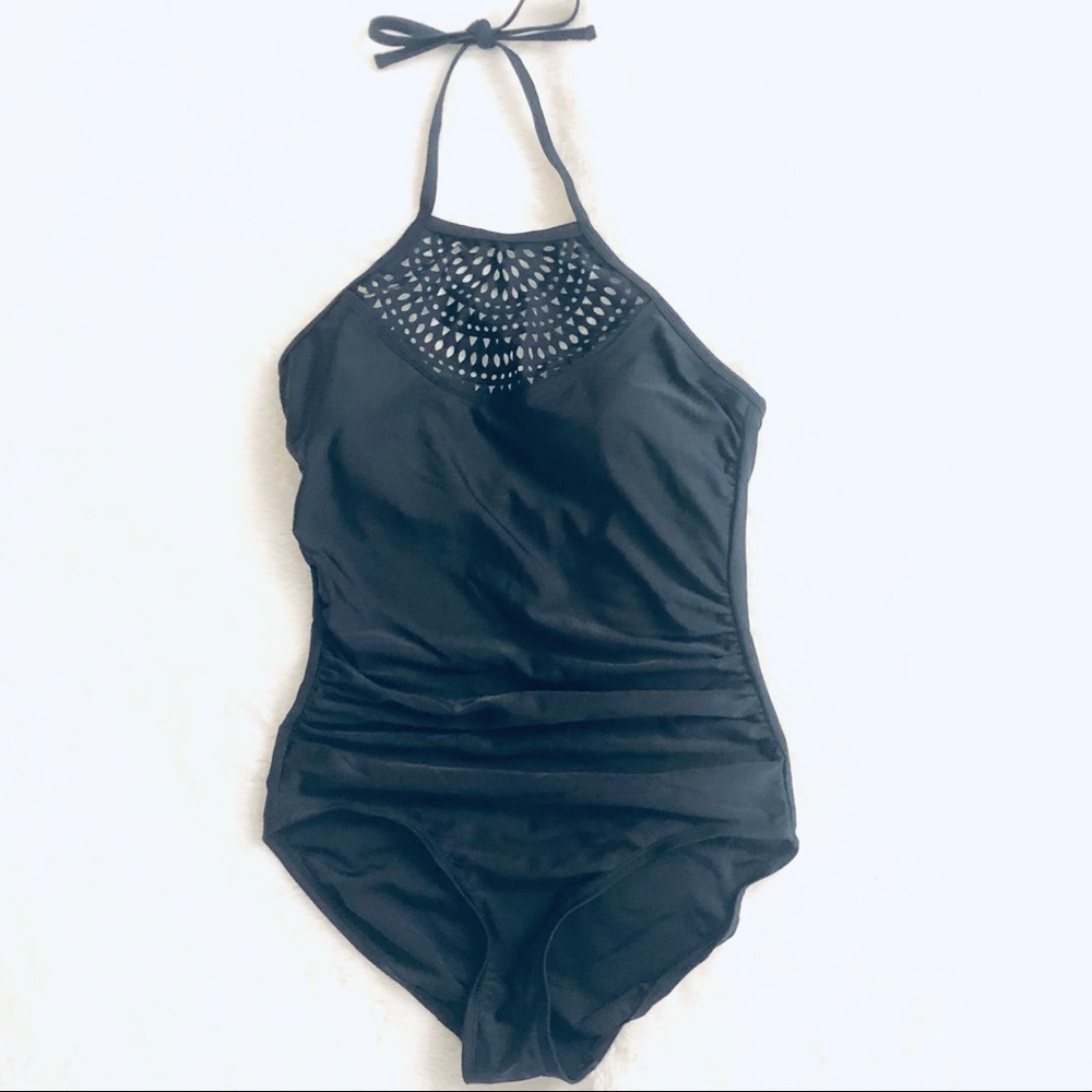 Laser cut high-neck one piece swimsuit